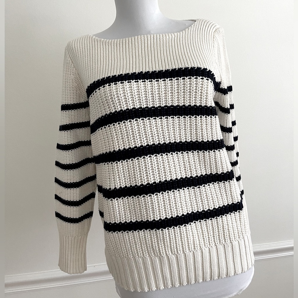 Cotton Sweater Knit Striped Navy Cream Andrea Jovine Weekend Pull Over NEW